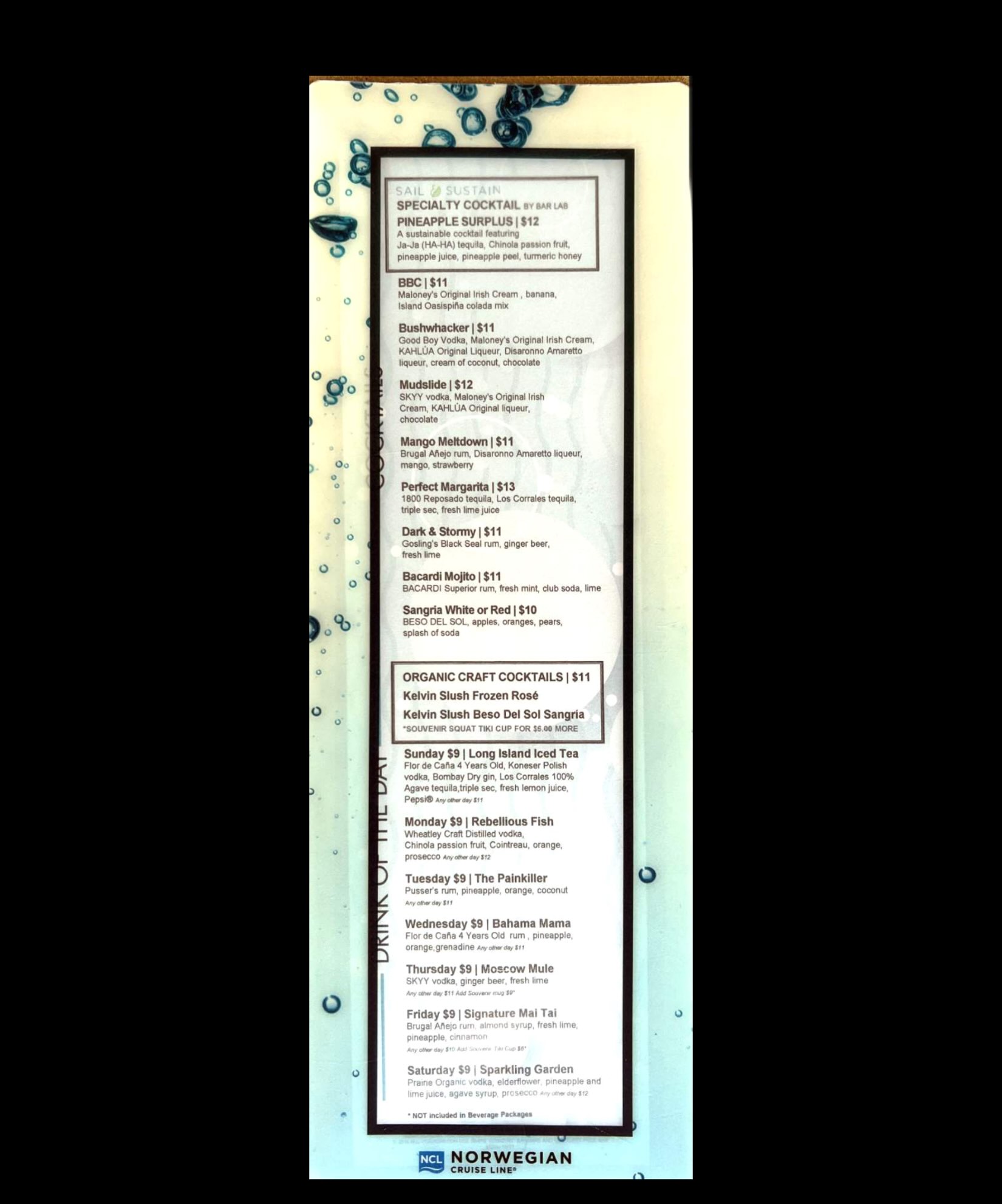 Norwegian Cruise Line Drink Menu